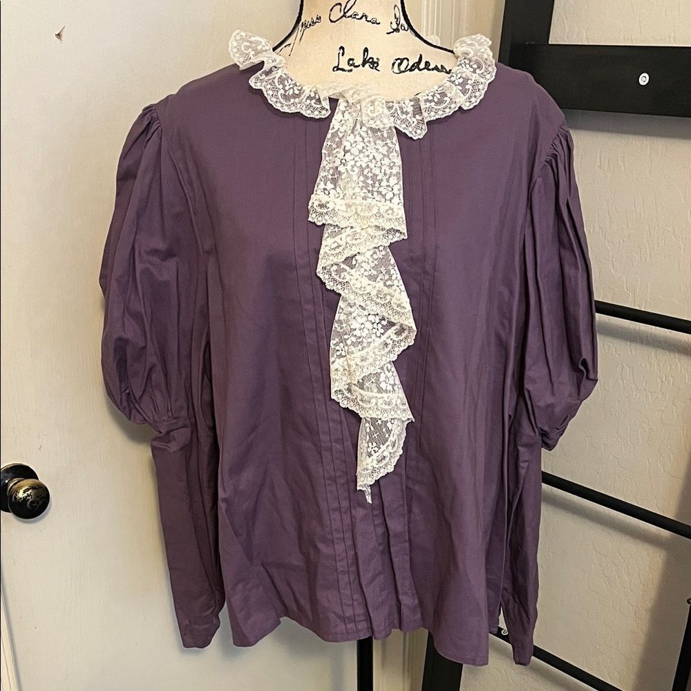 Vintage Recollections Purple Lace Trim Button Closure Shirt Victorian